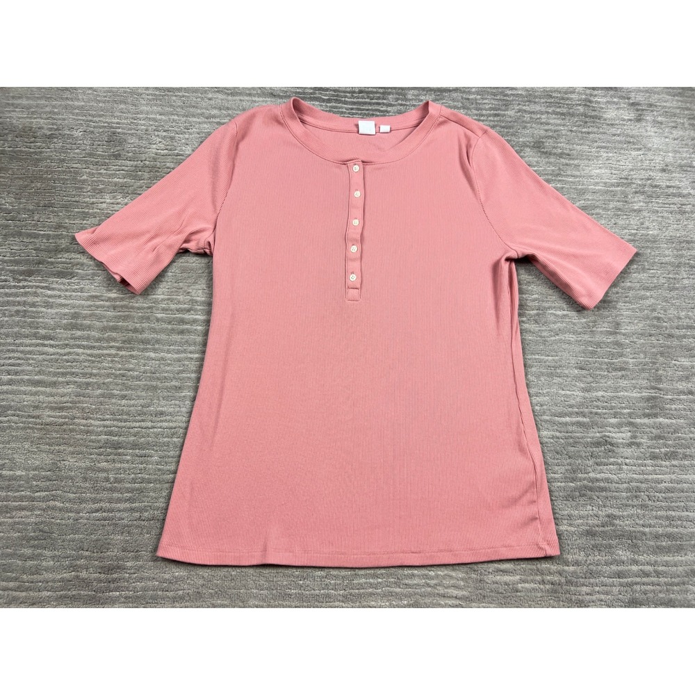 GAP Henley Top Womens L Pink Short Sleeve Ribbed Knit Button Neck Stretch